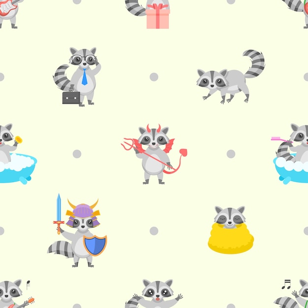 Seamless Pattern Abstract Elements Animal Raccoon Wildlife Vector Design Style Background