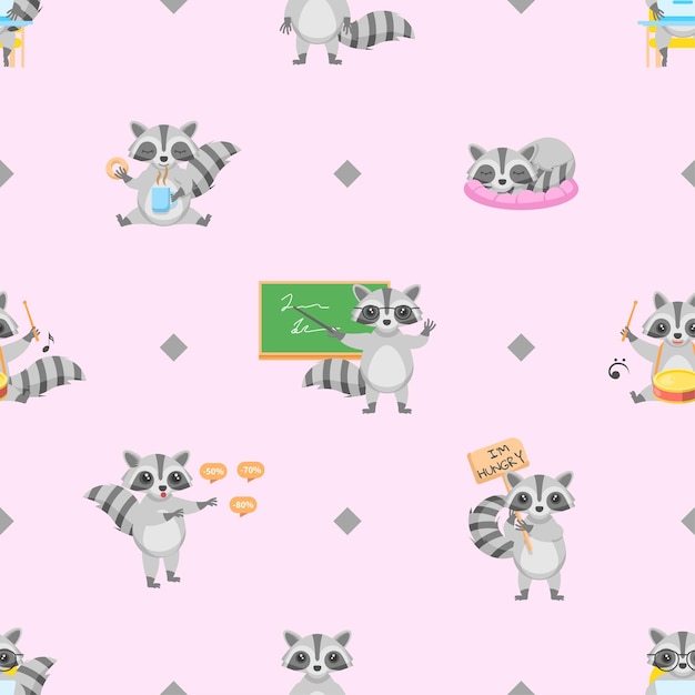 Seamless Pattern Abstract Elements Animal Raccoon Wildlife Vector Design Style Background