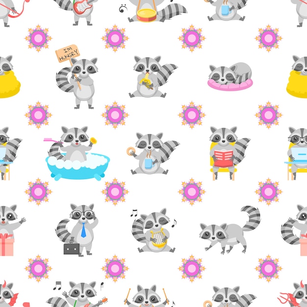 Seamless Pattern Abstract Elements Animal Raccoon Wildlife Vector Design Style Background