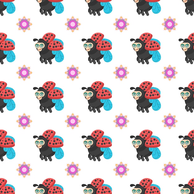 Seamless Pattern Abstract Elements Different Ladybug Insect Beetle With Flower Vector Design Style