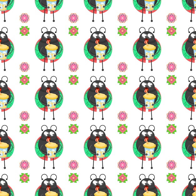 Seamless Pattern Abstract Elements Different Ladybug Insect Beetle With Flower Vector Design Style