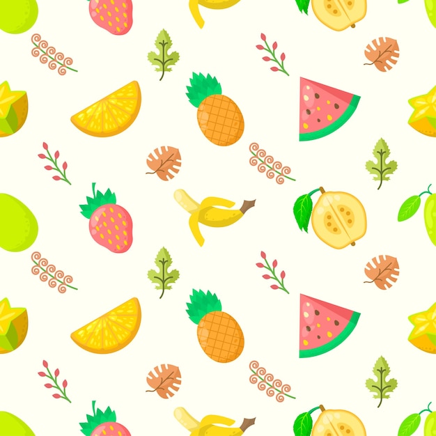 Seamless Pattern Abstract Elements Fruits Food With Leaves Vector Design Style Background