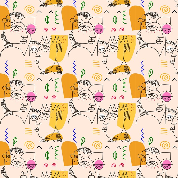 Vector seamless pattern abstract face portrait person geometric doodle line art vector illustration