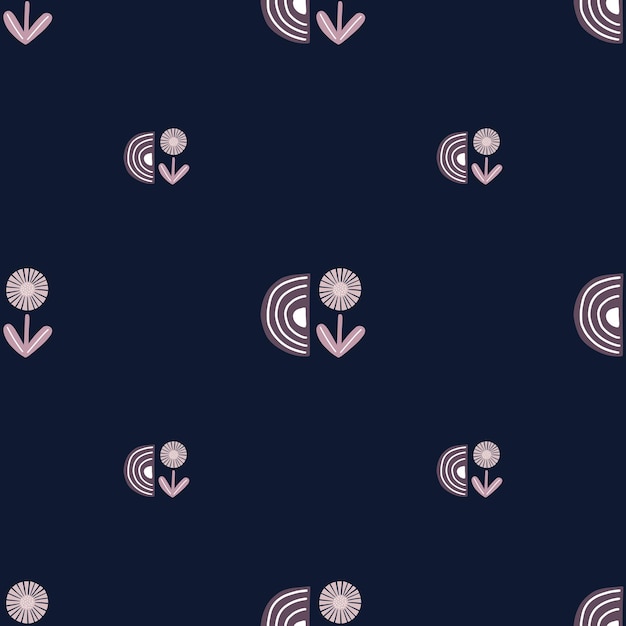 Seamless pattern abstract flowers on black background. Minimalist pink textured of plants for textile design. Geometric template print for any purpose. Simple vector fabric ornament.