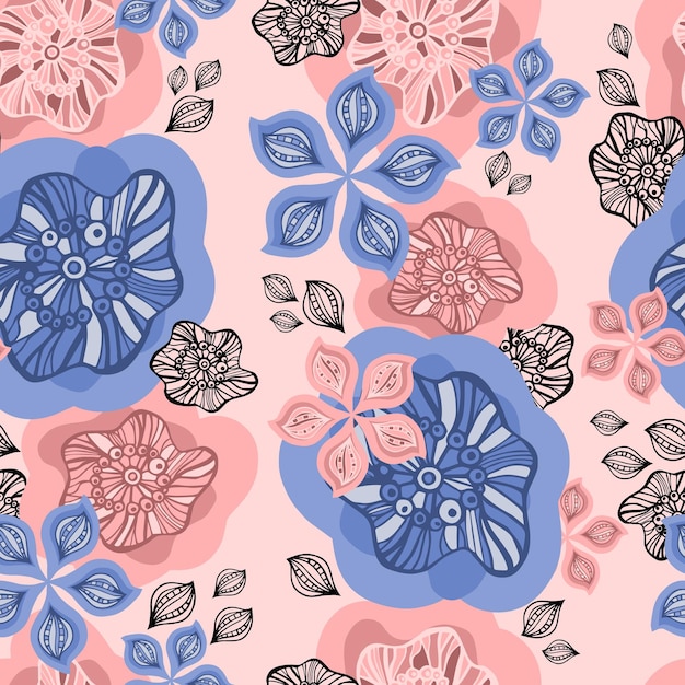 Seamless pattern of abstract flowers and lines floral background in modern style