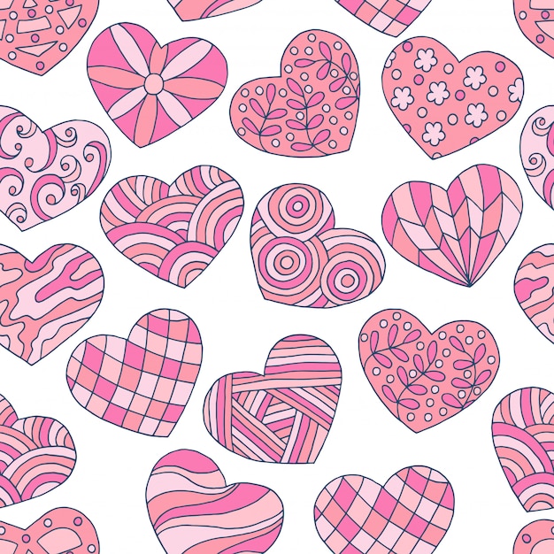 발렌타인 추상 손으로 그린 핑크 하트의 완벽 한 패턴