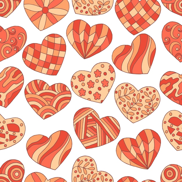 Seamless pattern of abstract hand-drawn red hearts with doodle patterns on white background, cover design, notebooks, textiles, for Valentine's day