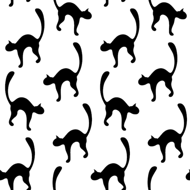 검은 고양이 실루엣의 추상 이미지의 원활한 패턴입니다. 전국 검은 고양이의 날을 축하합니다. 주당 순 이익. 포장, 벽지, 포스터, 배너, 인사말 또는 초대 배경을 위한 벡터 그림입니다. 격리하다
