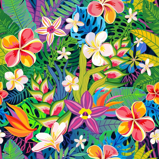 Piante tropicali dell'estratto senza cuciture del modello, fiori, foglie. elementi di design. giungla floreale colorata di fauna selvatica. sfondo di arte della foresta pluviale. illustrazione