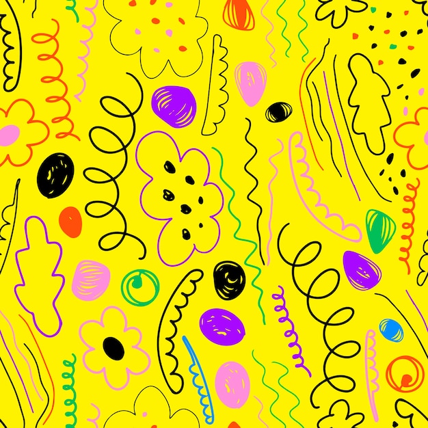 Modello senza cuciture di colori vettoriali astratti di onde scarabocchi e semi disegnati in stile doodle