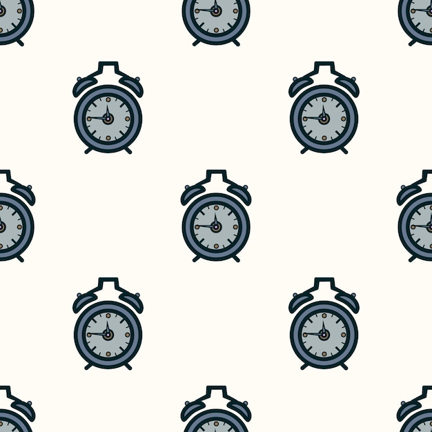 Seamless pattern of alarm clocks on the symmetrical light background Flat design Vector