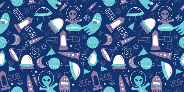 Seamless pattern of alien, ufo, satellite and rocket childish drawing style