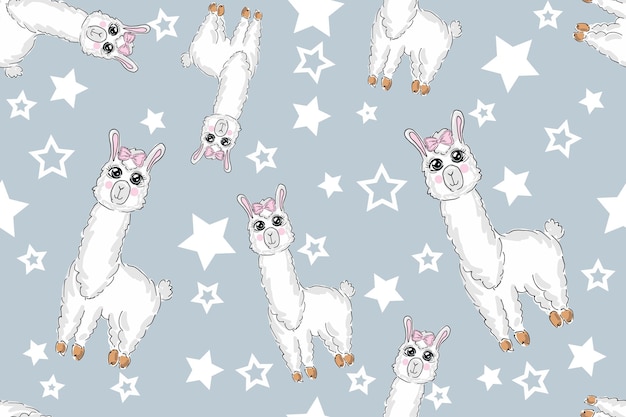 Vector seamless pattern alpaca llama sleep standing and jumping star in the sky cute cartoon kawaii funny smiling baby character wrapping paper textile template nursery decoration blue background flat