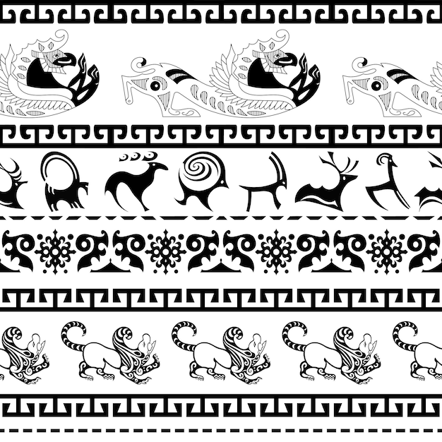 Vector seamless pattern ancient scythian art and petroglyphs ethnic theme vector
