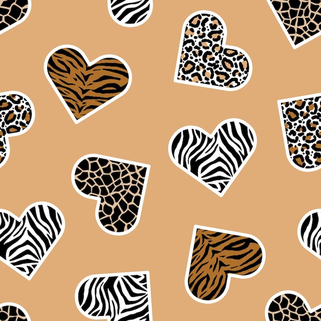 Seamless pattern of animal skin in shape of heart leopard giraffe tiger and zebra