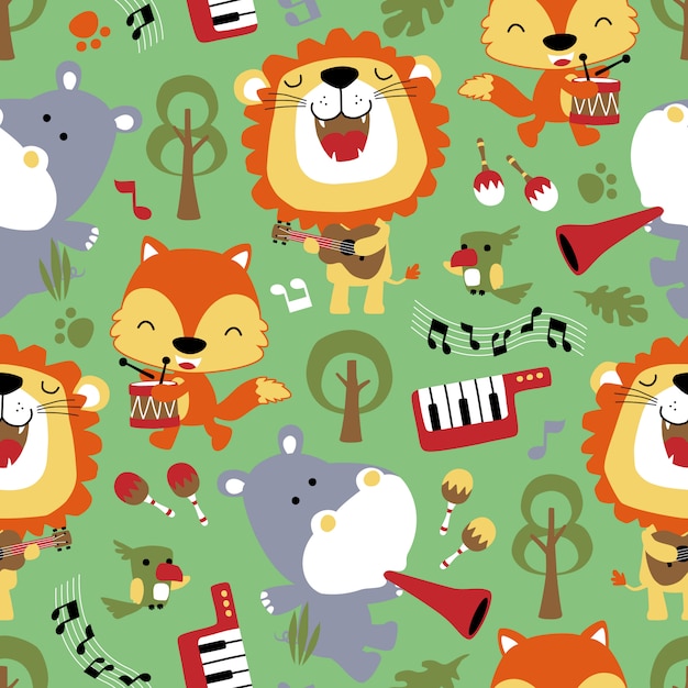 seamless pattern of animals catoon playing music