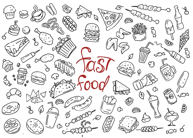 Vector seamless pattern of appetizing fast food baking sweets and drinks made in vector graphics