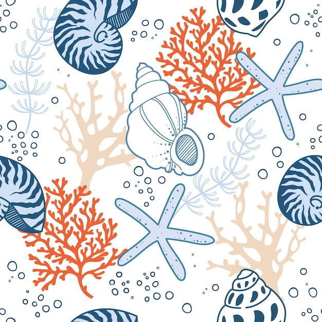 Vector seamless pattern aquatic creatures seashell conch and starfish