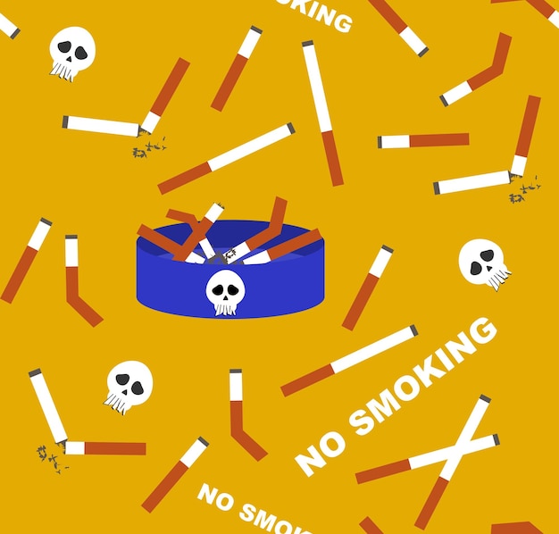 Seamless pattern ash cigarette skull No smoking Vector background of broken cigarettes