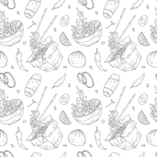 seamless pattern of Asian food in graphic style