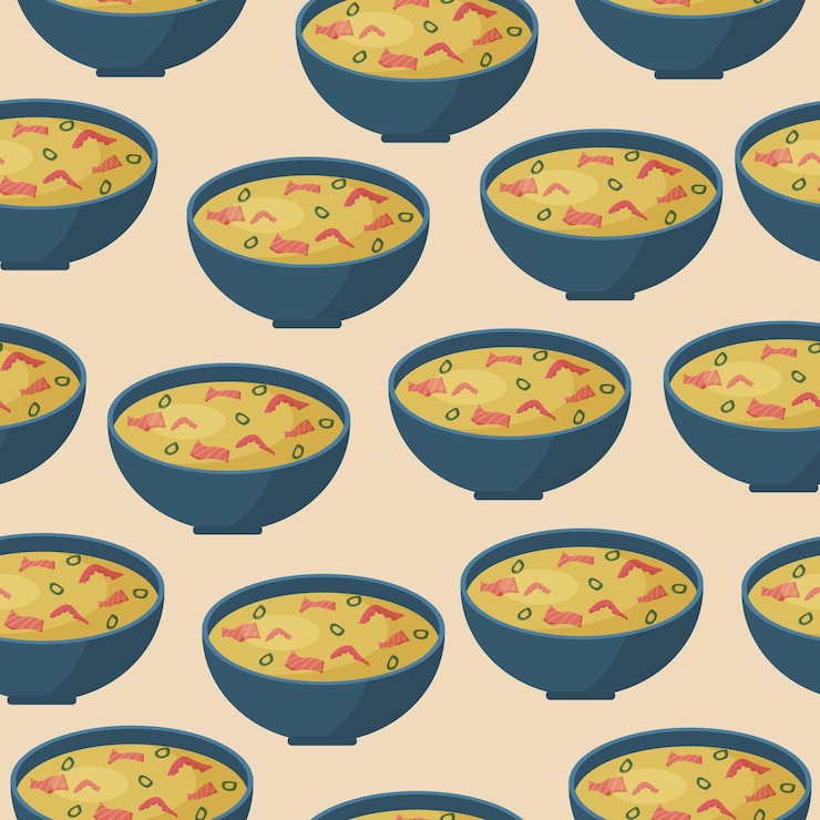 Vector seamless pattern of asian soup with salmon and octopus