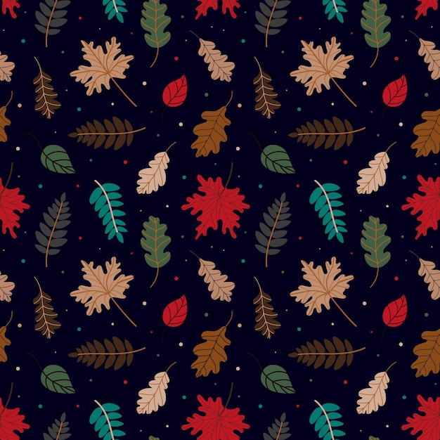 Seamless pattern of assorted withered leaves and colorful dots on autumn day on black background