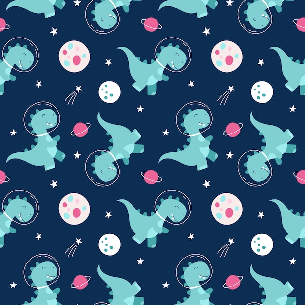 Seamless pattern astronaut dinosaur, cosmos, galaxy, moon, space adventure