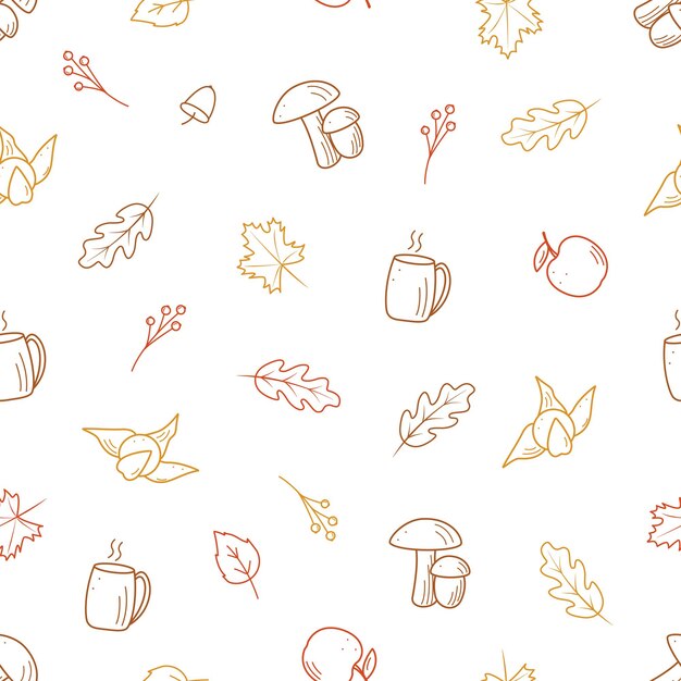 Seamless pattern autumn concept vector background illustration of fall leaves hot tea and apple