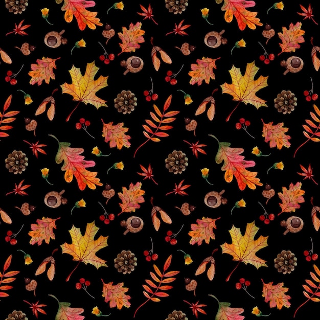 Seamless pattern autumn elements leaves cones acorns on black background