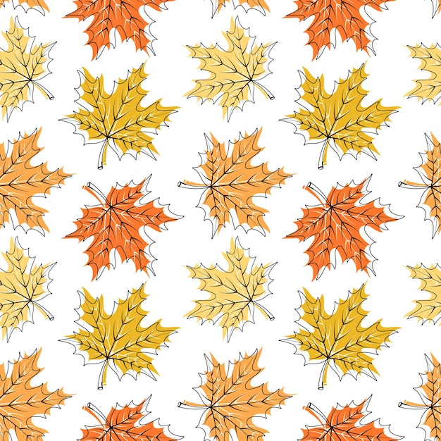 원활한 패턴, 가을 단풍잎, 파스텔 색상의 검은색 윤곽선. 배경, 섬유, 인쇄
