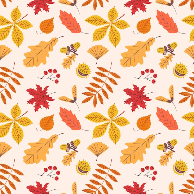 Seamless pattern of autumn plant elements Vector illustration of fruits and leaves in autumn colours