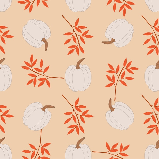 Seamless pattern of autumn pumpkins and leaves ripe juicy pumpkins and falling leaves