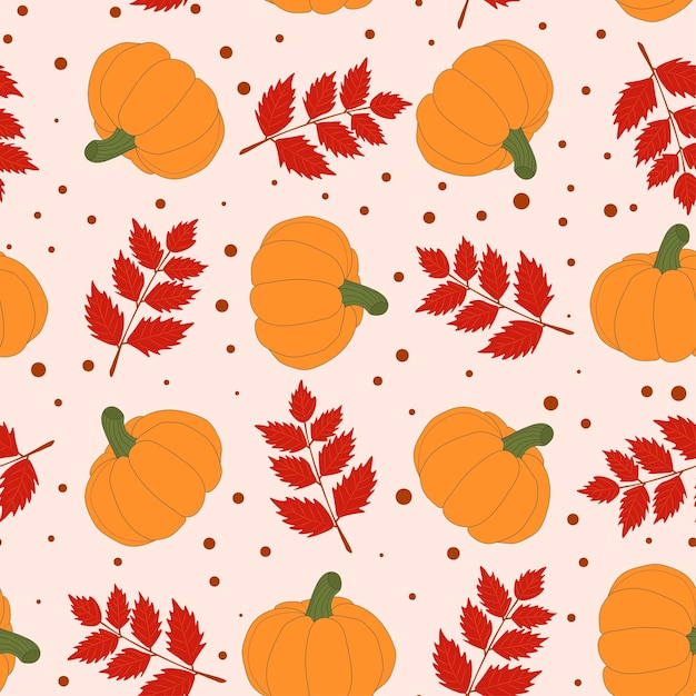 Seamless pattern of autumn pumpkins and leaves Ripe juicy pumpkins and falling leaves