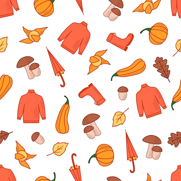 Vector seamless pattern of autumn set of items, vector wallpaper doodle style fall mood.