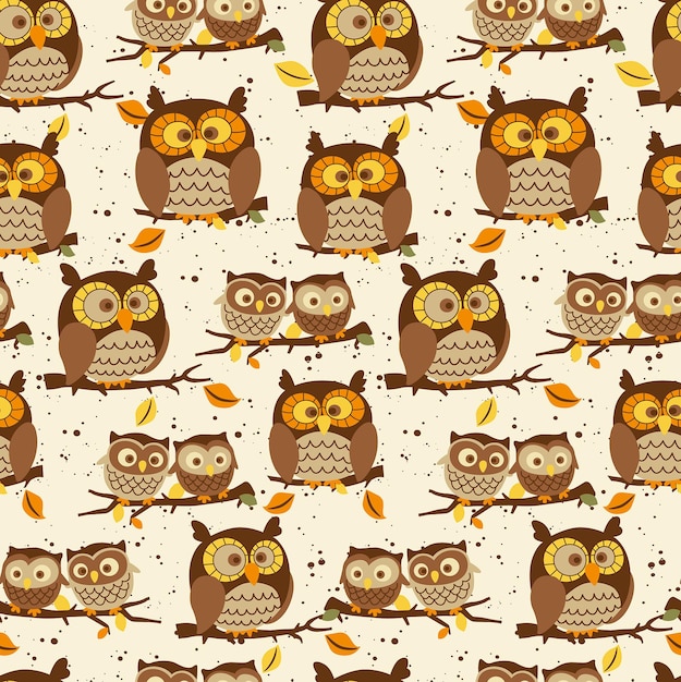 Vector seamless pattern of autumn with cute owls on the tree branches - autumn vector design