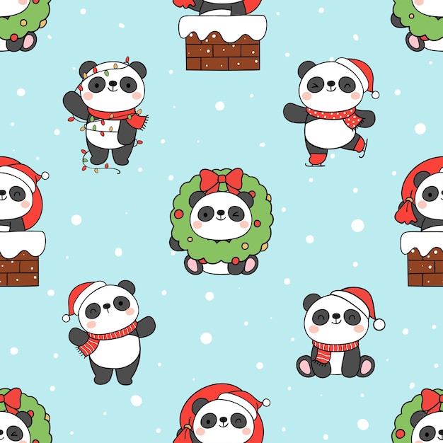 Seamless pattern baby panda in snow for Christmas and winter