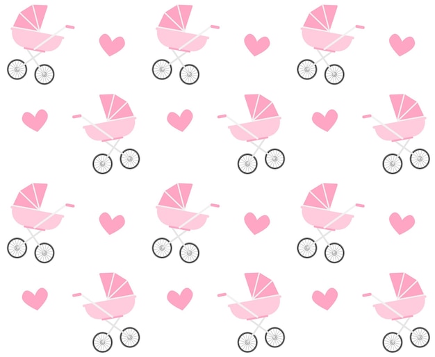 Vector seamless pattern of baby pram and hearts