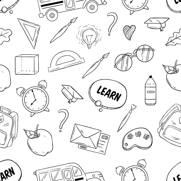 Seamless Pattern Back to School Supplies With Hand Drawn or Sketchy Style