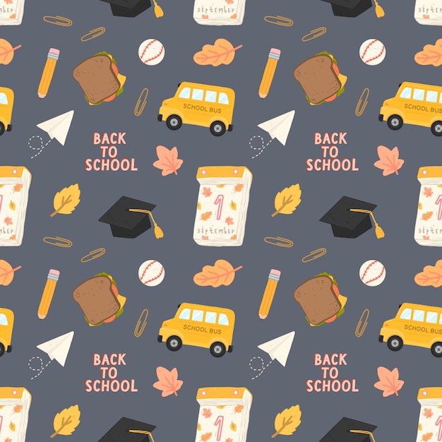 Vector seamless pattern back to school with training accessories of school.