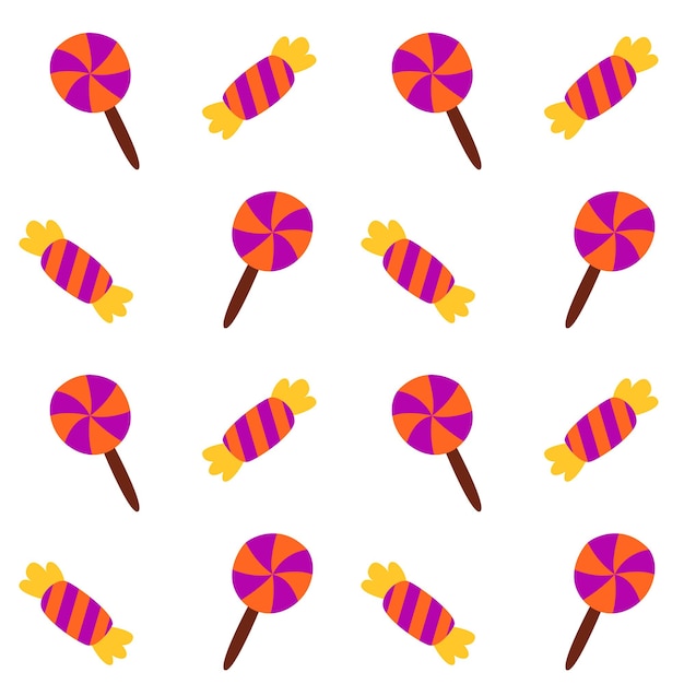 할로윈 속임수 또는 사탕 치료의 원활한 패턴 배경 할로윈의 전통적인 색상으로 밝은 사탕 롤리팝과 과자