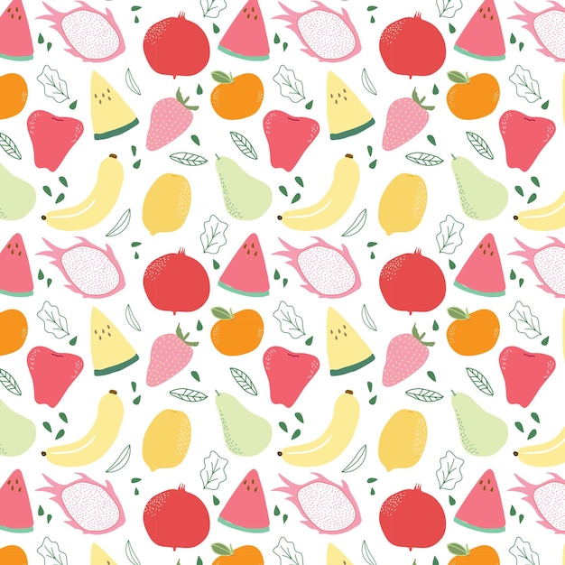 Seamless pattern background of hand drawn tropical fruit with leaf and seed