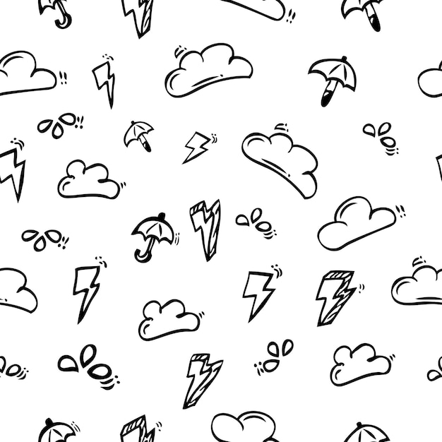 Бесшовный узор Фон Простой контур Ручной рисунок Skecth, Cloud, Storm, Water Drop и Umbrella