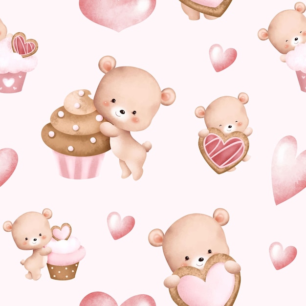 Seamless pattern background. valentine teddy bear. watercolor illustration.