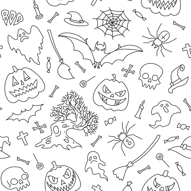 Fondo senza cuciture illustrazione vettorialedisegni di contorno elementi di festa di halloween