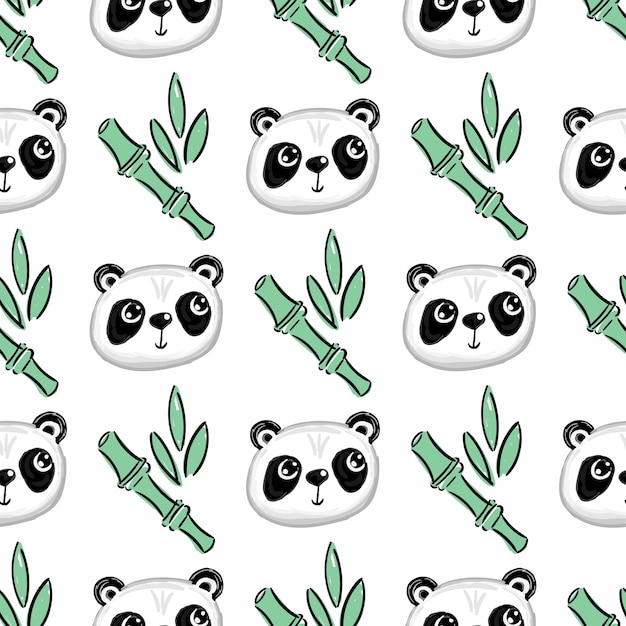 Seamless pattern background with cute panda and bamboo leaves and branch Vector illustration cartoon character