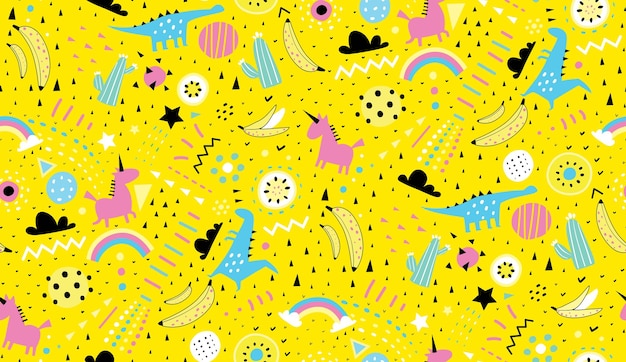 Seamless pattern background with dinosaurs unicorns and rainbows on yellow, repeat pattern for decoration design. Textile print for boys and girls. Trendy style vector hand drawn design.