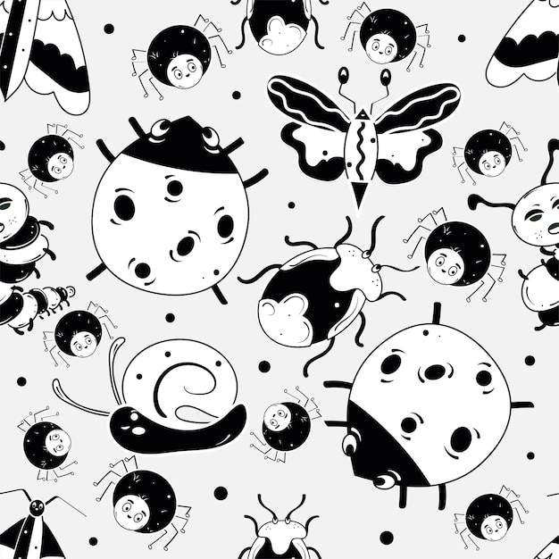 Seamless pattern background with insect sketch characters Vector illustration