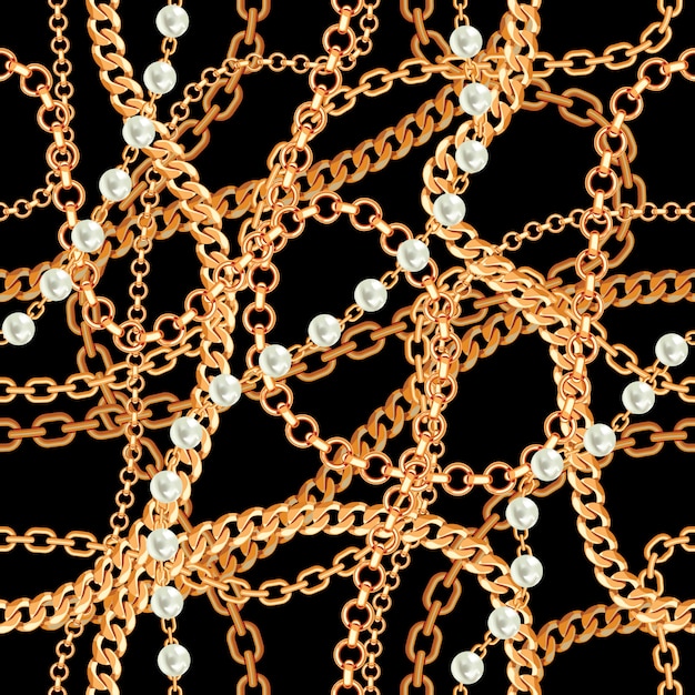 Seamless pattern background with pears and chains golden metallic necklace. On black. Vector illustration.
