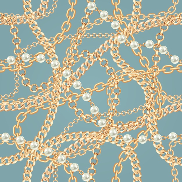 Seamless pattern background with pears and chains golden metallic necklace. 