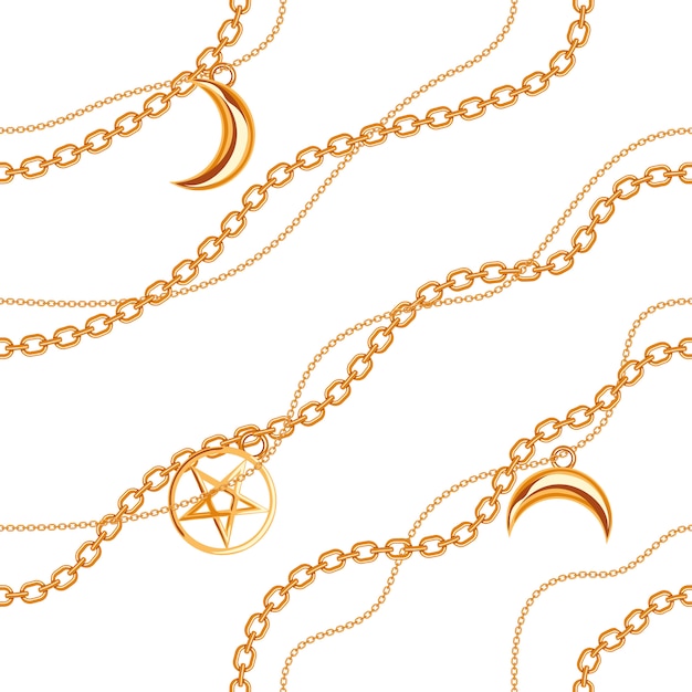 Vector seamless pattern background with pentagram and moon pendants on golden metallic chain.